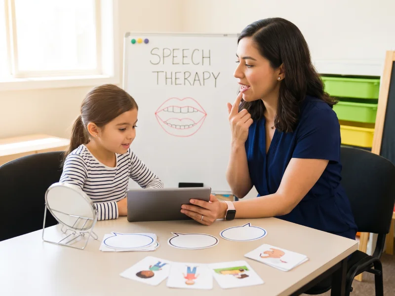 Therapist supporting a child in a warm learning space